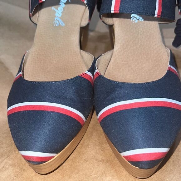 FREE PEOPLE MONOCO PLATFORM WOOD HEELED CLOGS NEW NAVY RED WHITE STRIPED EU 41 - Picture 6 of 7